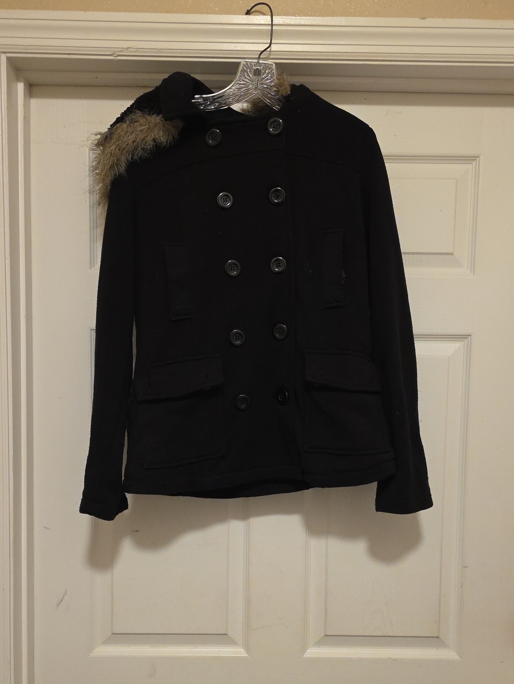 paper tee Black Double-Breasted Pea Coat with Faux Fur-Trim Hood